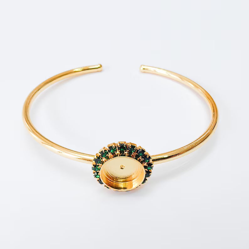 Green Crystal Accent Bracelet Bezel, Adjustable Cuff Bangle, 10mm Round Setting, 24k Shiny Gold Brass, G37448