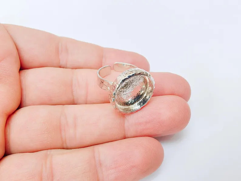 Adjustable Ring Base 16mm Bezel, Shiny Silver Plated Brass Ring, Cabochon Resin Setting, DIY Jewelry Making, G37450