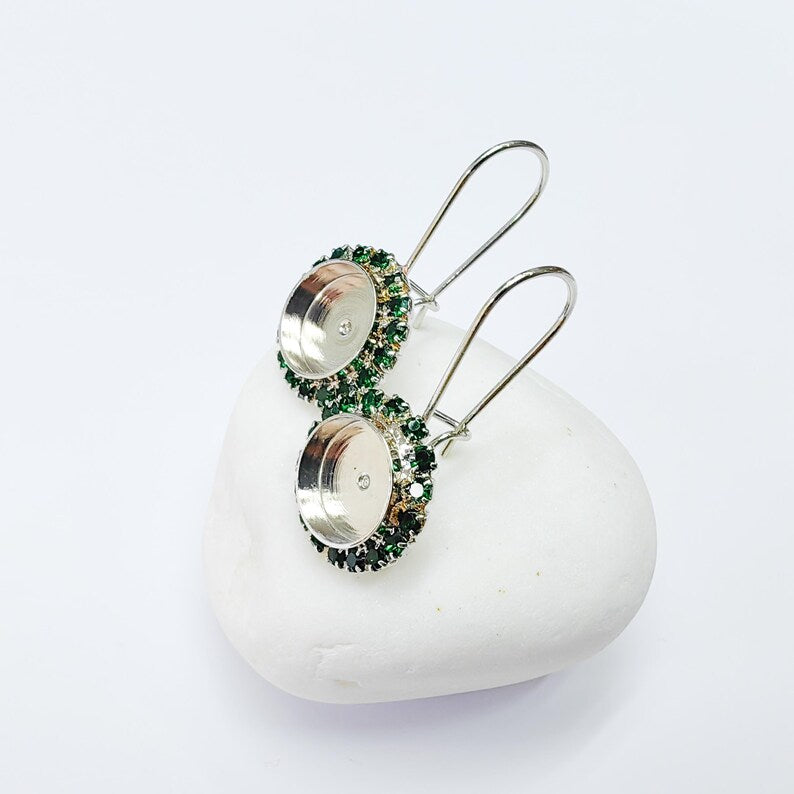 Green Crystal Drop Earrings with 10mm Bezel, Shiny Silver Plated Brass, DIY Cabochon Resin Setting, Nickel Free Jewelry, G37451