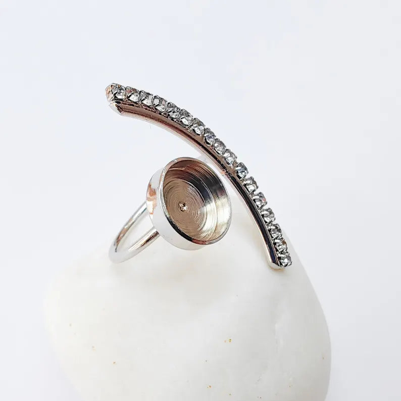 Clear Crystal Accent Adjustable Ring Bezel, 10mm Bezel Cup, Shiny Silver Brass, G37452