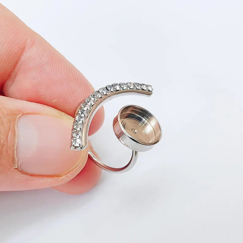 Clear Crystal Accent Adjustable Ring Bezel, 10mm Bezel Cup, Shiny Silver Brass, G37452