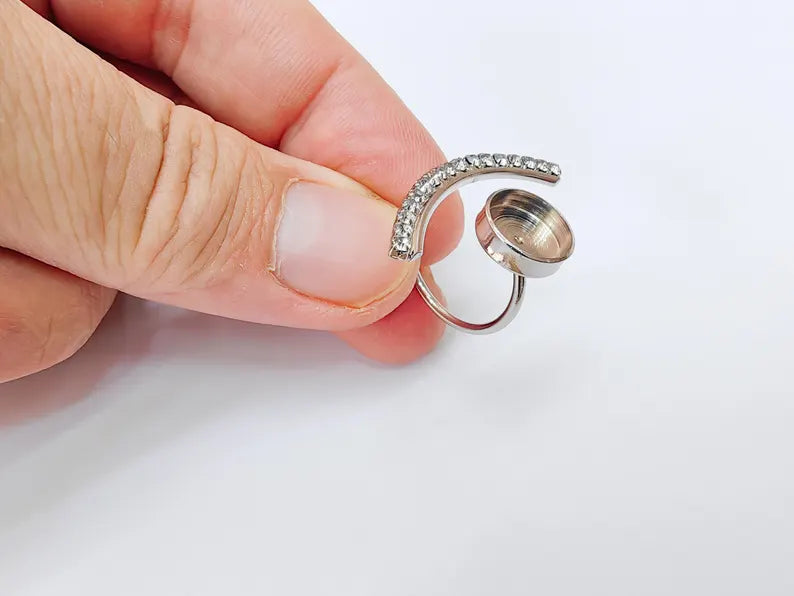 Clear Crystal Accent Adjustable Ring Bezel, 10mm Bezel Cup, Shiny Silver Brass, G37452