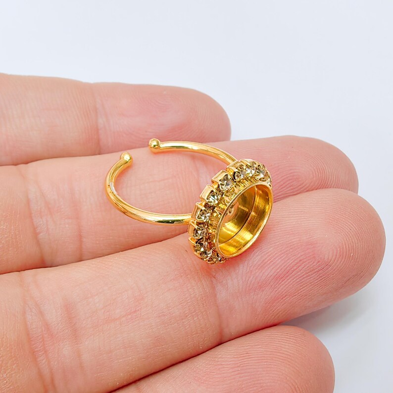 Ring Blank with Clear Crystals, Ring Bezel Setting Cabochon Resin Mounting Shiny Gold Plated Brass Adjustable Ring Base (10mm) G37454