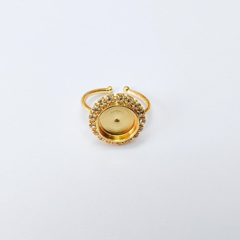 Ring Blank with Clear Crystals, Ring Bezel Setting Cabochon Resin Mounting Shiny Gold Plated Brass Adjustable Ring Base (10mm) G37454