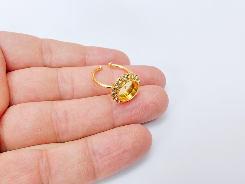 Ring Blank with Clear Crystals, Ring Bezel Setting Cabochon Resin Mounting Shiny Gold Plated Brass Adjustable Ring Base (10mm) G37454