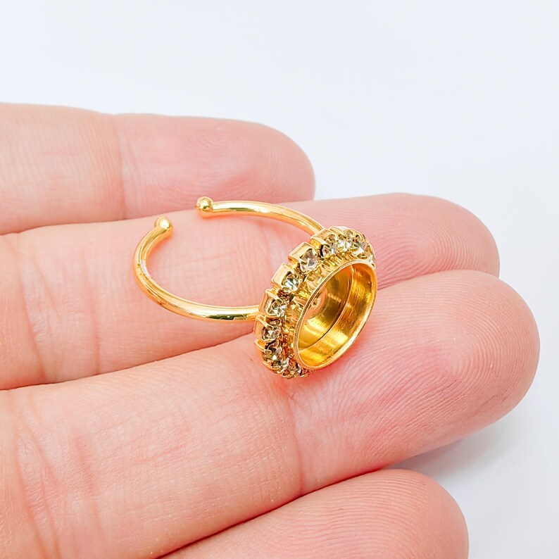 Ring Blank with Clear Crystals, Ring Bezel Setting Cabochon Resin Mounting Shiny Gold Plated Brass Adjustable Ring Base (10mm) G37454