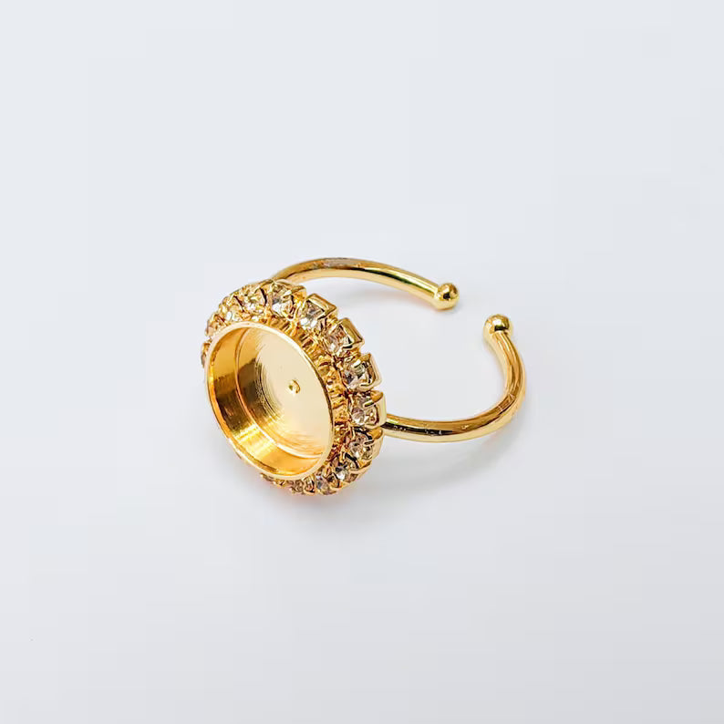 Ring Blank with Clear Crystals, Ring Bezel Setting Cabochon Resin Mounting Shiny Gold Plated Brass Adjustable Ring Base (10mm) G37454