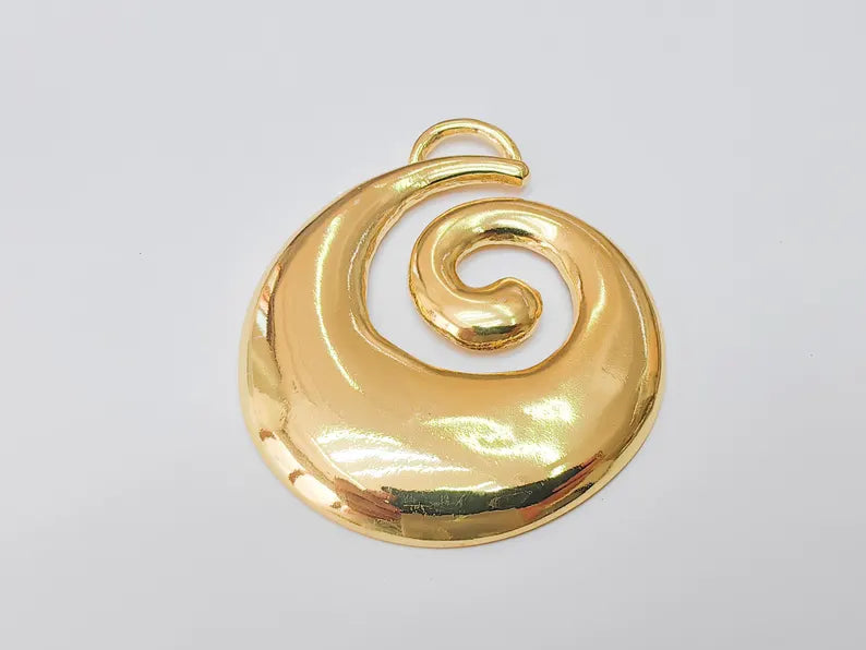 Large Spiral Pendant, 24k Shiny Gold Statement Jewelry Making, 93x76mm, G37373
