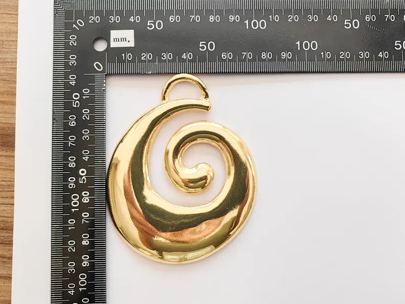 Large Spiral Pendant, 24k Shiny Gold Statement Jewelry Making, 93x76mm, G37373