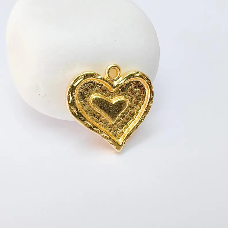 Heart Charmt Pendant, Double Heart Design, 24k Shiny Gold, 23x23mm, G37374