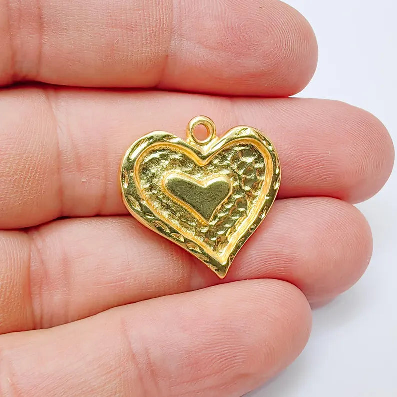 Heart Charmt Pendant, Double Heart Design, 24k Shiny Gold, 23x23mm, G37374