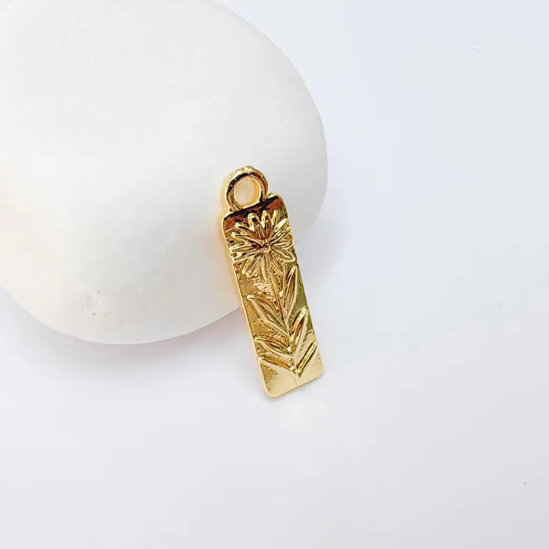 Flower Charm Pendant, Rectangular Bar Design, 24k Shiny Gold, 28x8mm, G37376