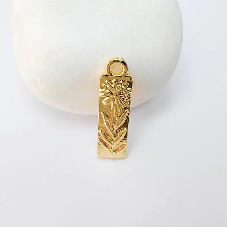 Flower Charm Pendant, Rectangular Bar Design, 24k Shiny Gold, 28x8mm, G37376