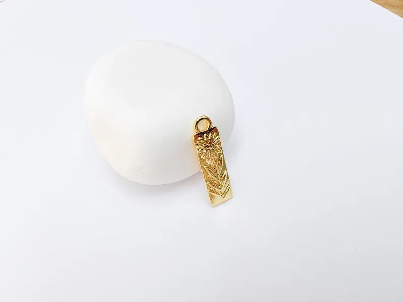 Flower Charm Pendant, Rectangular Bar Design, 24k Shiny Gold, 28x8mm, G37376