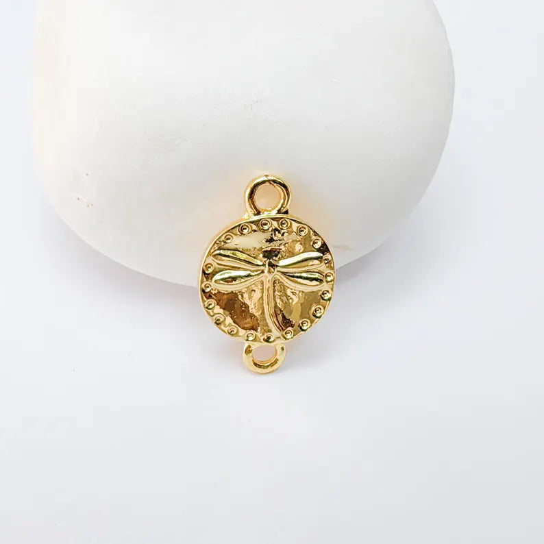 2 Dragonfly Charm Pendant, Round Connector Link, 24k Shiny Gold Jewelry Making, 21x13mm, G37377