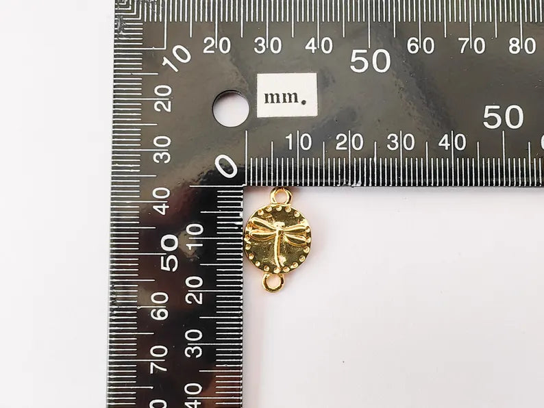 2 Dragonfly Charm Pendant, Round Connector Link, 24k Shiny Gold Jewelry Making, 21x13mm, G37377