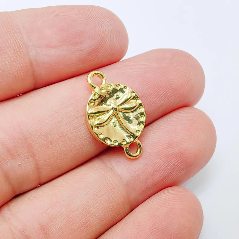 2 Dragonfly Charm Pendant, Round Connector Link, 24k Shiny Gold Jewelry Making, 21x13mm, G37377