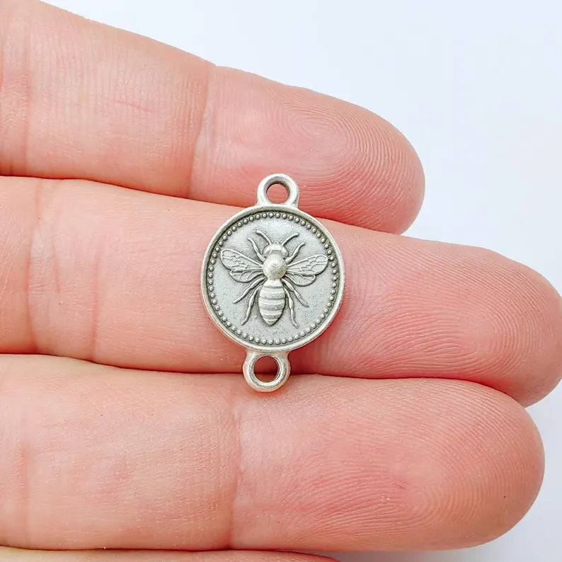 4 Bee Connector Double Sided Charm, 21x14mm Antique Silver Plated Zamac, Nickel Free Lead Free, Jewelry Making Supplies, G37456