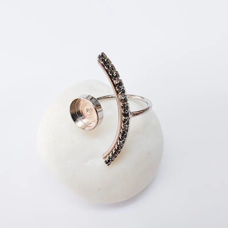 Dark Gray Crystal Accent Adjustable Ring Bezel, 10mm Bezel Cup, Shiny Silver Brass, G37457
