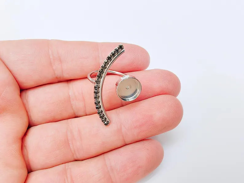 Dark Gray Crystal Accent Adjustable Ring Bezel, 10mm Bezel Cup, Shiny Silver Brass, G37457