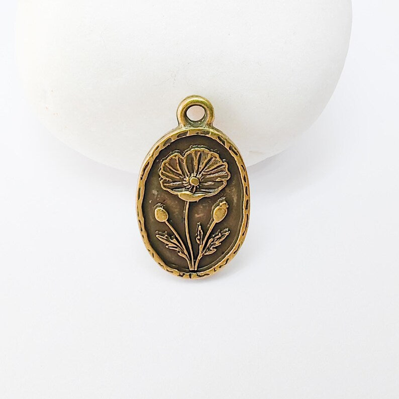 2 Poppy Flower Charm, Oval Pendant, Antique Bronze Plated, 23x13mm, Double Sided Jewelry Making Supplies, Zamac G37462