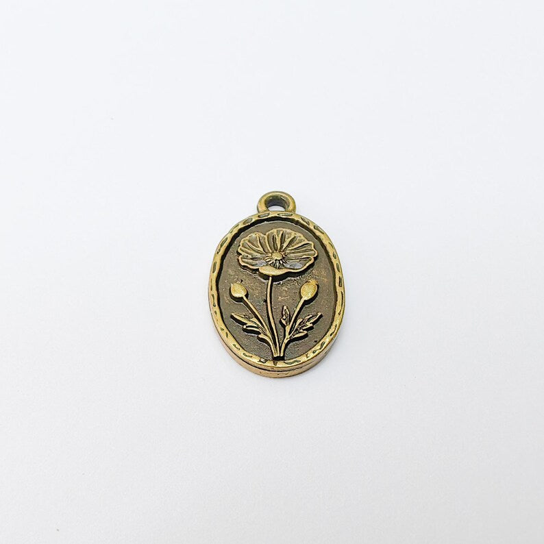 2 Poppy Flower Charm, Oval Pendant, Antique Bronze Plated, 23x13mm, Double Sided Jewelry Making Supplies, Zamac G37462