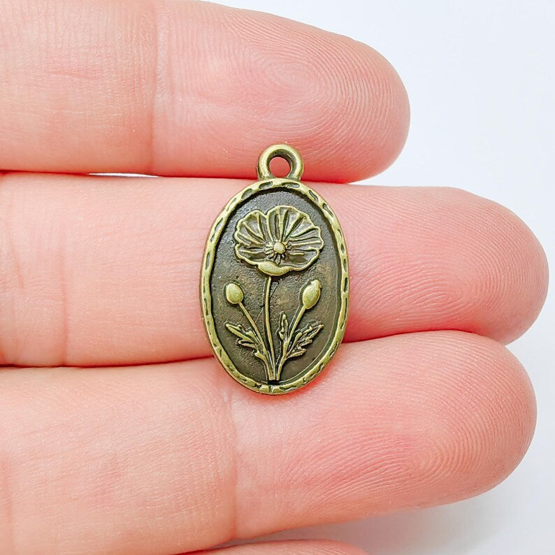 2 Poppy Flower Charm, Oval Pendant, Antique Bronze Plated, 23x13mm, Double Sided Jewelry Making Supplies, Zamac G37462