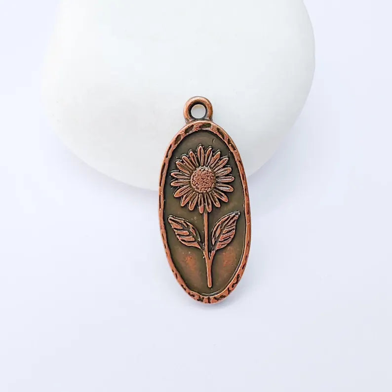 Sunflower Pendant Charm, Oval Floral Pendant, Antique Copper Plated Jewelry Making, 30x13mm G37464