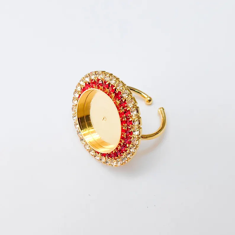 Red Crystal Ring Bezel, Adjustable Ring Base, 16mm Round Bezel Setting, 24K Shiny Gold, G37465