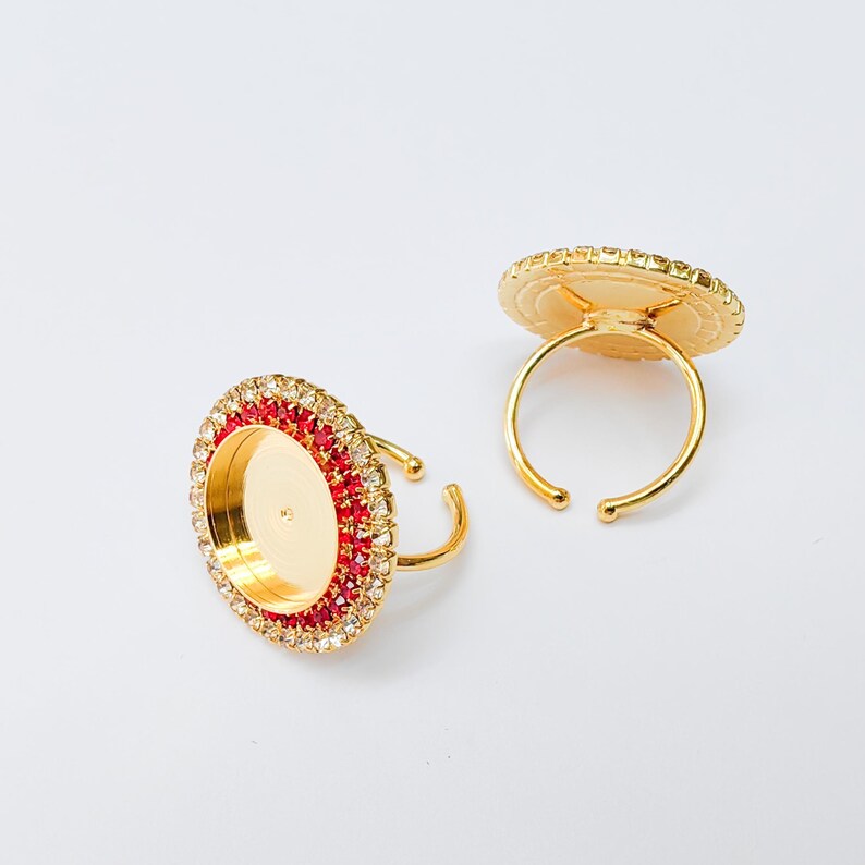 Red Crystal Ring Bezel, Adjustable Ring Base, 16mm Round Bezel Setting, 24K Shiny Gold, G37465