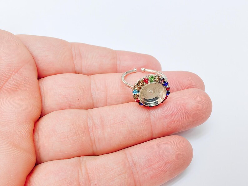 Ring Blank Colorful Crystals, Ring Bezel Setting Cabochon Resin Mounting Shiny Silver Base Rhodium Plated Brass Adjustable (10mm) G37466