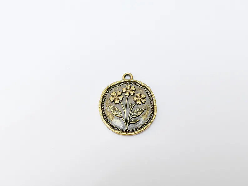 Flower Charm, Organic Edge Floral Medallion Pendant, Antique Bronze Plated 28x24mm G37468