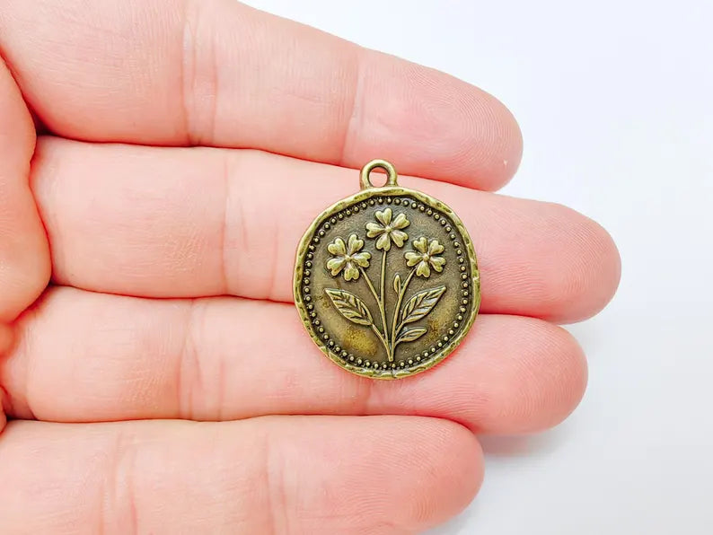 Flower Charm, Organic Edge Floral Medallion Pendant, Antique Bronze Plated 28x24mm G37468