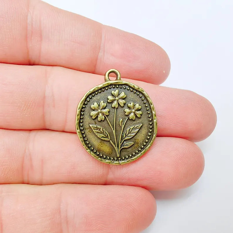 Flower Charm, Organic Edge Floral Medallion Pendant, Antique Bronze Plated 28x24mm G37468