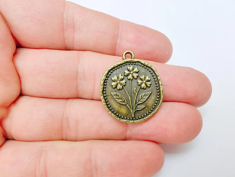 Flower Charm, Organic Edge Floral Medallion Pendant, Antique Bronze Plated 28x24mm G37468
