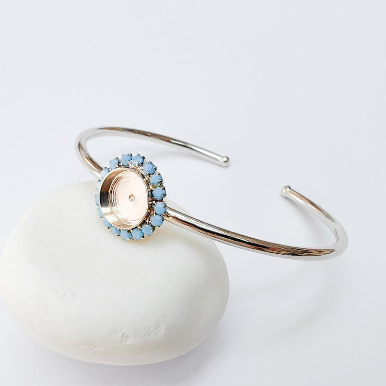 Turquoise Blue Crystal Bangle Bracelet, Shiny Silver Adjustable Cuff, 10mm Bezel Jewelry Making Supplies, G37469