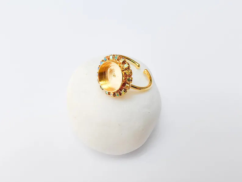 Ring Blank with Rainbow Crystals, Ring Bezel Setting Cabochon Resin Mounting Shiny Gold Plated Brass Adjustable Ring Base (10mm) G37471
