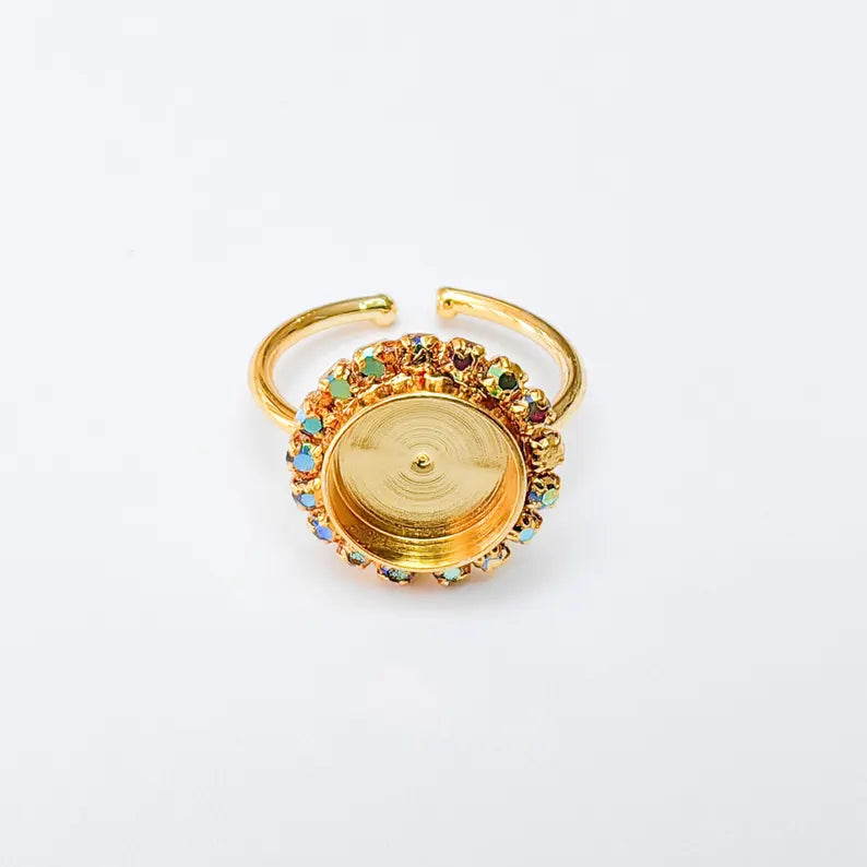 Ring Blank with Rainbow Crystals, Ring Bezel Setting Cabochon Resin Mounting Shiny Gold Plated Brass Adjustable Ring Base (10mm) G37471