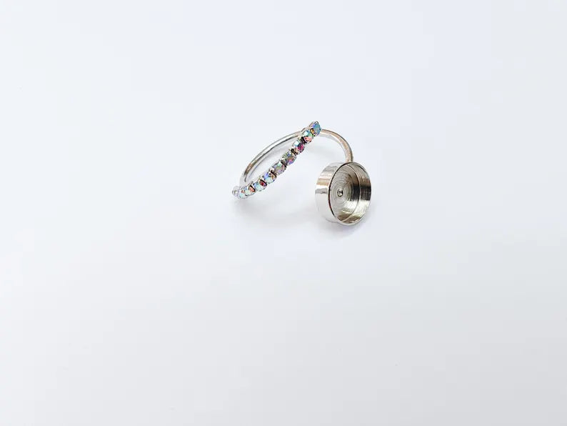 Rainbow Crystal Accent Adjustable Ring Bezel, 10mm Bezel Cup, Shiny Silver Brass, G37473