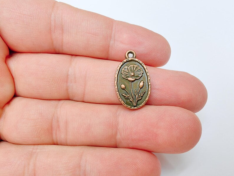 2 Poppy Flower Charm, Oval Pendant, Antique Copper Plated, 23x13mm, Double Sided Jewelry Making Supplies, Zamac G37475