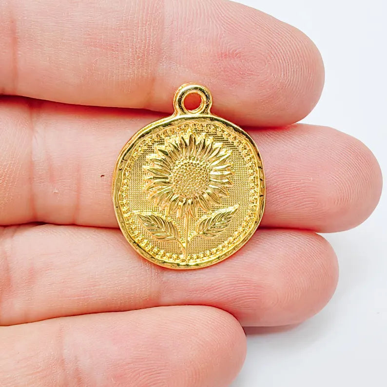 Sunflower Charm Pendant, Round Floral Jewelry Making Supplies, 24k Shiny Gold Plated Zamac, 27x22mm, G37382