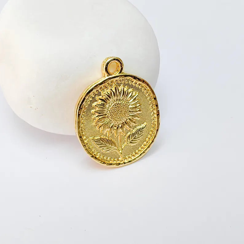 Sunflower Charm Pendant, Round Floral Jewelry Making Supplies, 24k Shiny Gold Plated Zamac, 27x22mm, G37382