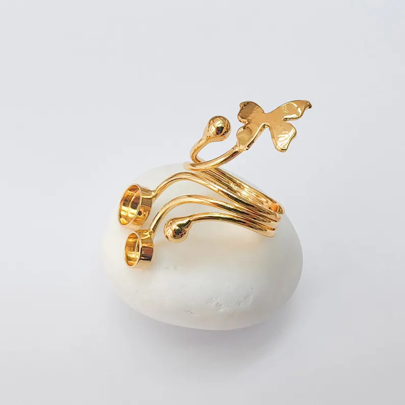 Butterfly Adjustable Ring Bezel, Floral Ring Base, 6mm and 8mm Bezel Cups, 24k Shiny Gold Brass, G37383