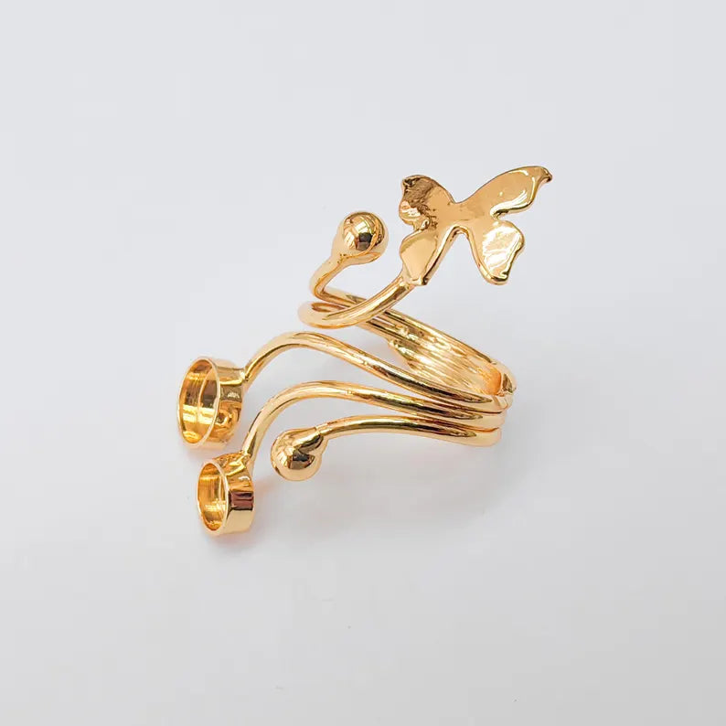 Butterfly Adjustable Ring Bezel, Floral Ring Base, 6mm and 8mm Bezel Cups, 24k Shiny Gold Brass, G37383