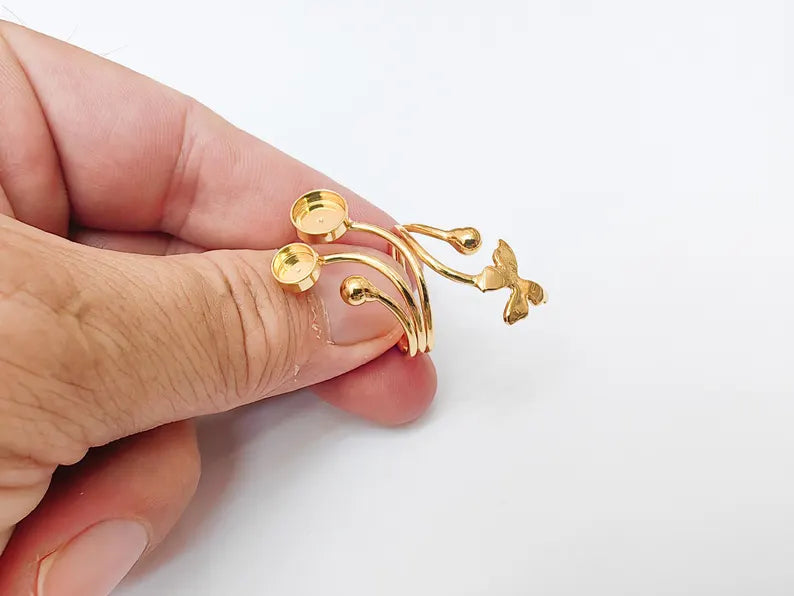 Butterfly Adjustable Ring Bezel, Floral Ring Base, 6mm and 8mm Bezel Cups, 24k Shiny Gold Brass, G37383