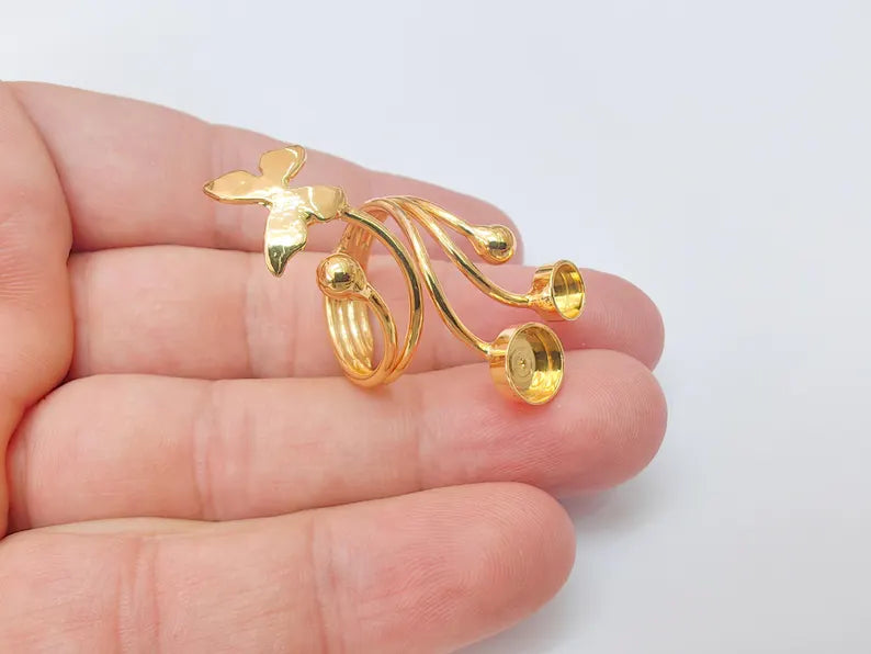 Butterfly Adjustable Ring Bezel, Floral Ring Base, 6mm and 8mm Bezel Cups, 24k Shiny Gold Brass, G37383