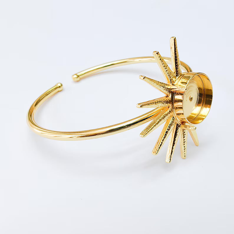 Sunburst Bracelet Bezel, Adjustable Cuff Bangle, 24k Shiny Gold Brass, 14mm G37385