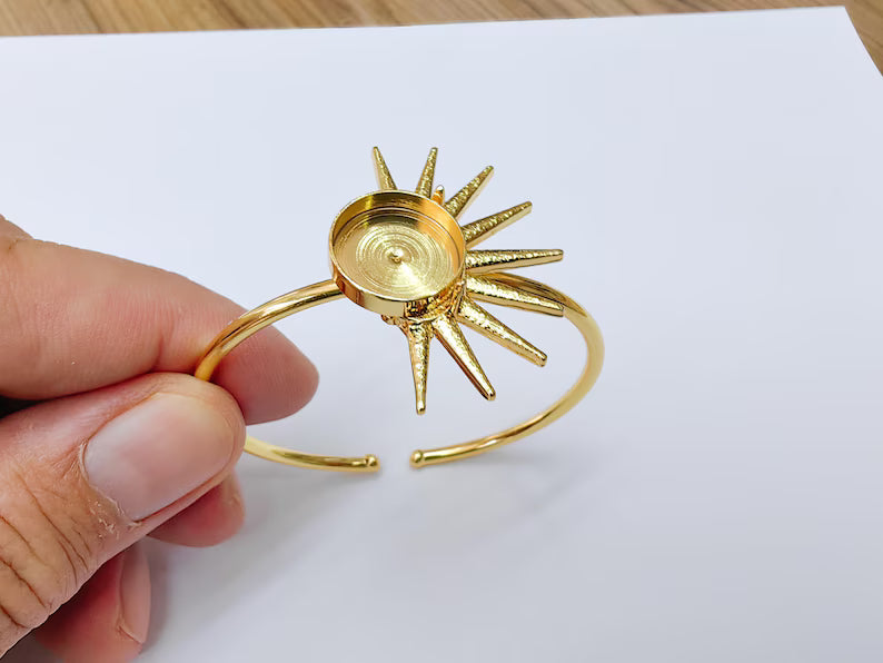 Sunburst Bracelet Bezel, Adjustable Cuff Bangle, 24k Shiny Gold Brass, 14mm G37385