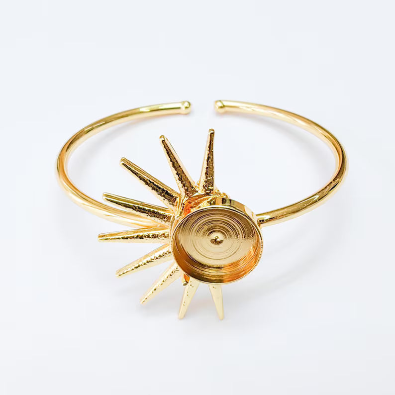 Sunburst Bracelet Bezel, Adjustable Cuff Bangle, 24k Shiny Gold Brass, 14mm G37385