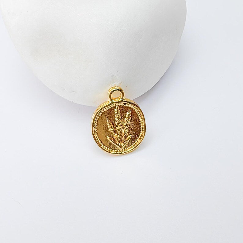 2 Lavender Flower Charm Pendant, Double Sided Oval Design, 24k Shiny Gold Zamac, 16x13mm, G37388